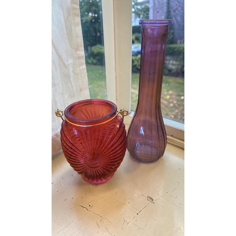 Vintage Colored Glass Vases: Crimson Sunburst & Amethyst Fluted Pair